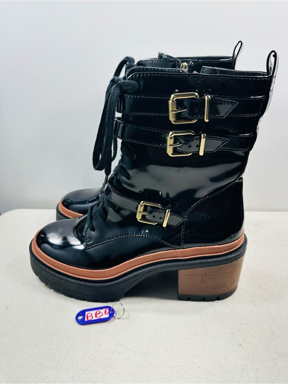 Black Patent Lace-Up Buckle Platform Boots